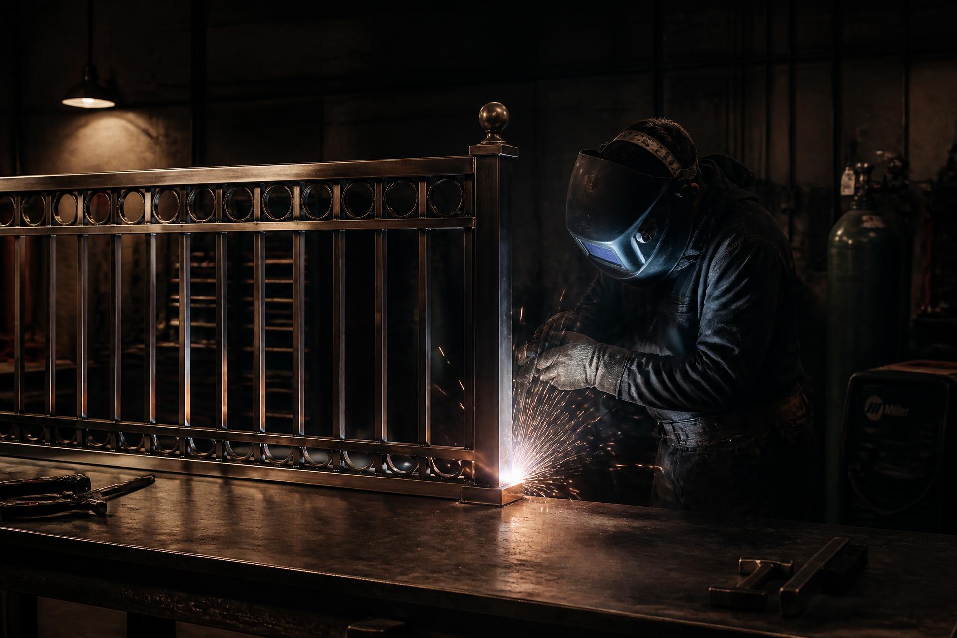 Welder fabricating custom ironwork in a workshop